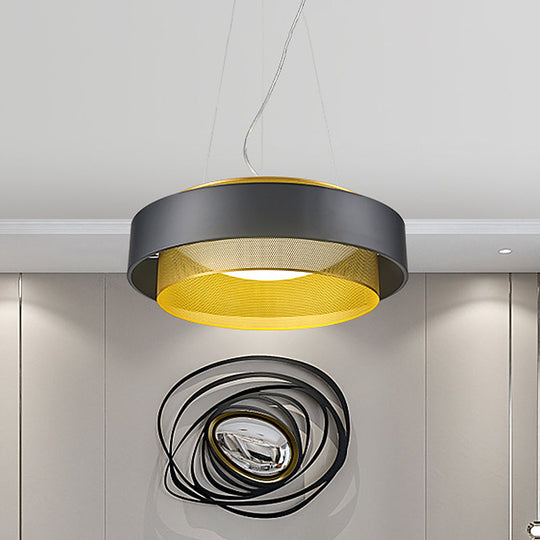 Modern Metal Circle Hanging Light With Mesh Screen And Acrylic Diffuser - White/Black-Gold Finish
