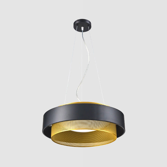 Modern Metal Circle Hanging Light - White/Black-Gold 15’/18’ Wide Led Drop Pendant With Mesh