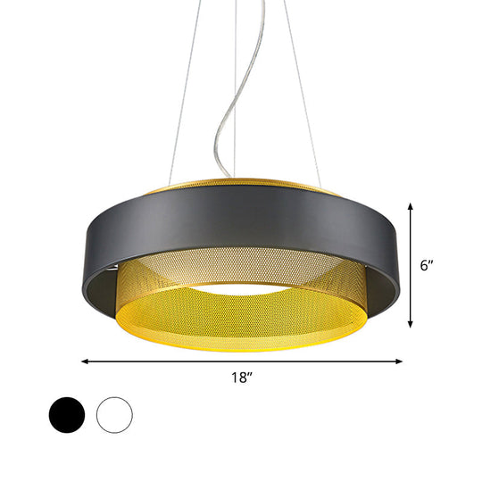 Modern Metal Circle Hanging Light - White/Black-Gold 15’/18’ Wide Led Drop Pendant With Mesh