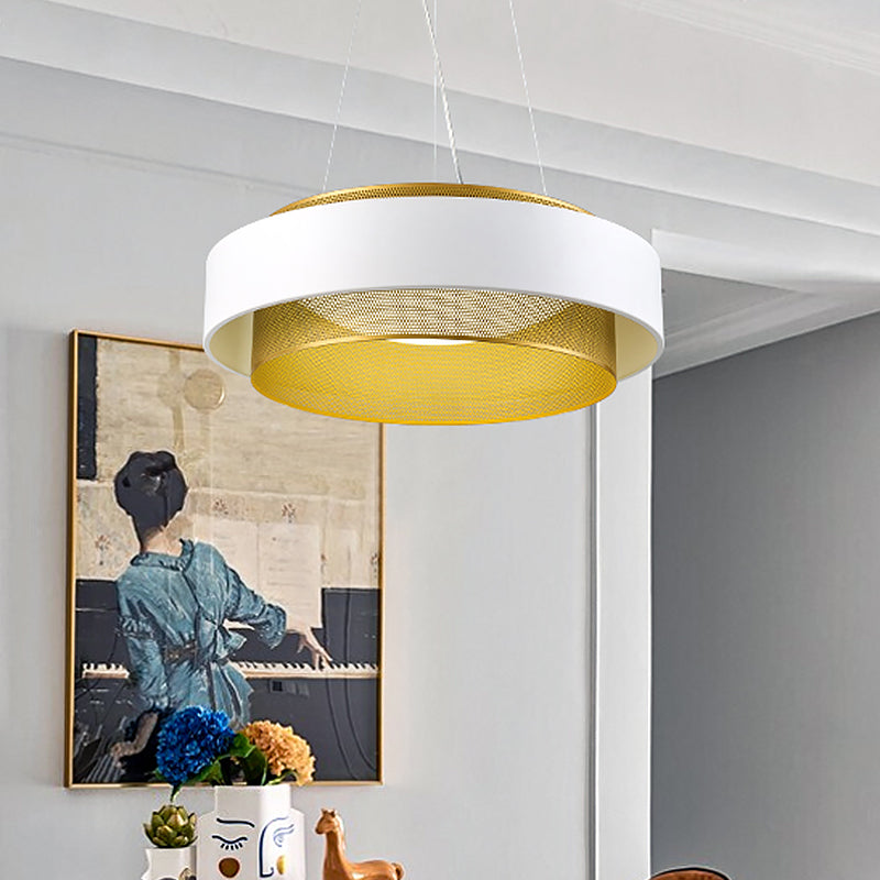 Modern Metal Circle Hanging Light - White/Black-Gold 15’/18’ Wide Led Drop Pendant With Mesh