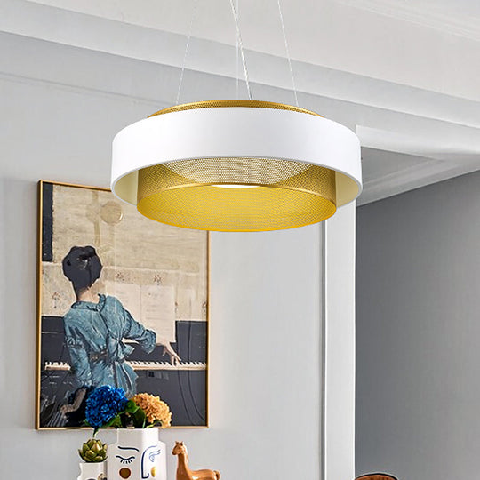 Modern Metal Circle Hanging Light - White/Black-Gold 15’/18’ Wide Led Drop Pendant With Mesh
