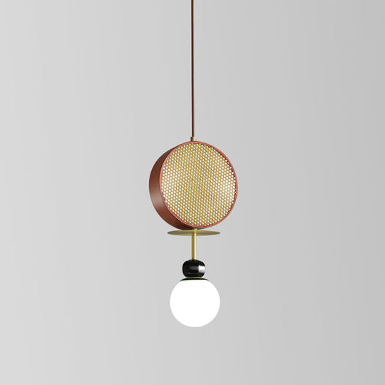 Vintage Iron Pendant Chandelier With Red Gong Design - 3 Heads Pierced Screen Bottom Ball Glass