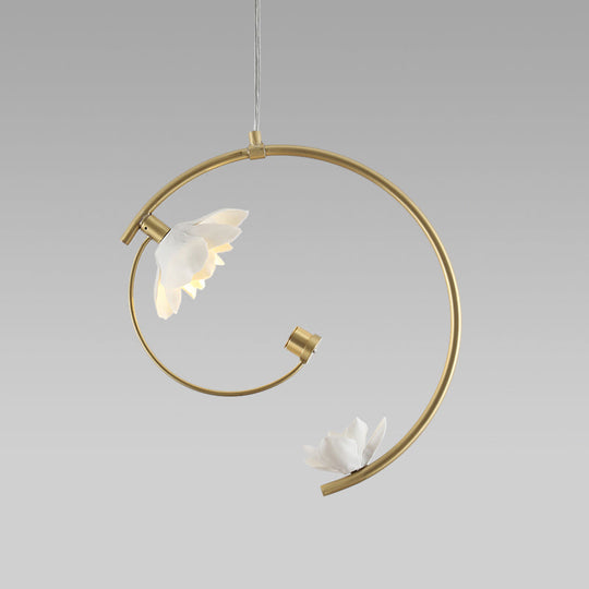 Modern Ceramic Flower Pendant Lamp: Single White Ceiling Light With Gold Scroll Stem