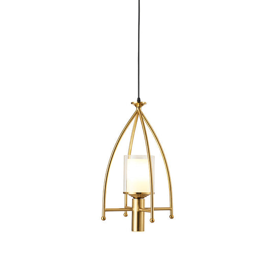 Mid Century Matte Glass Pendant Light With Dual Shade And Gold Cage Guard
