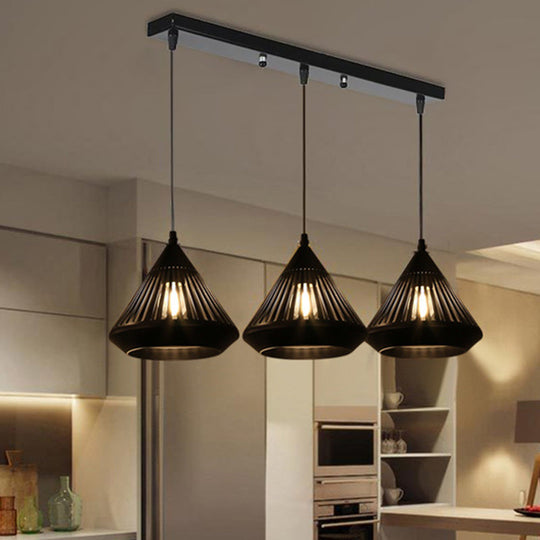 Retro 3-Head Diamond Iron Pendant Light With Black Canopy