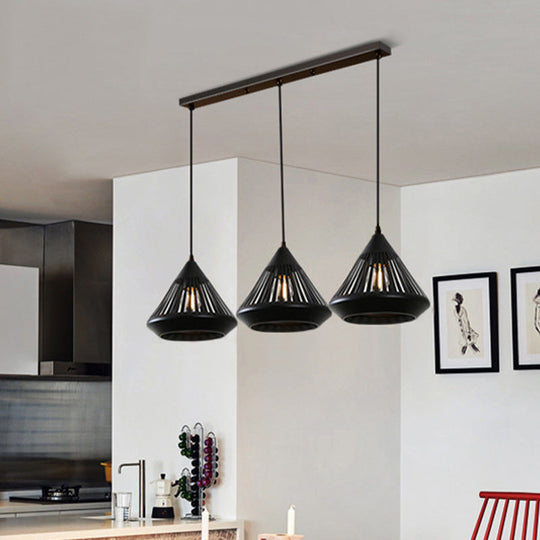 Retro 3-Head Diamond Iron Pendant Light With Black Canopy