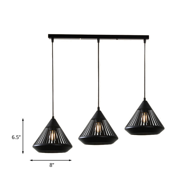 Retro 3-Head Diamond Iron Pendant Light With Black Canopy
