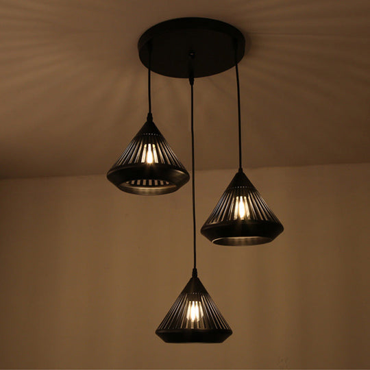 Retro 3-Head Diamond Iron Pendant Light With Black Canopy / Round