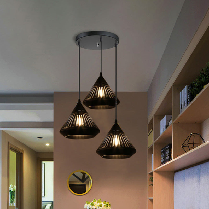 Retro 3-Head Diamond Iron Pendant Light With Black Canopy