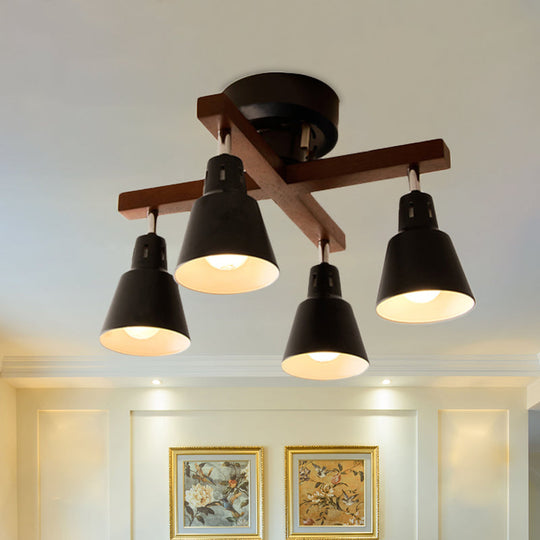 Tapered Rotatable Ceiling Fixture: 4 - Light Iron Semi Flush Mount Lighting In Black/White