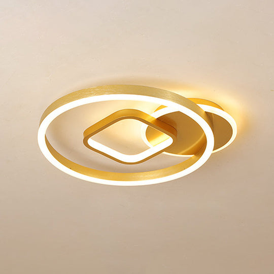18’/22’ Wide Led Flush Mount Lamp - Minimal Metal Golden Circle And Square Ceiling Light In