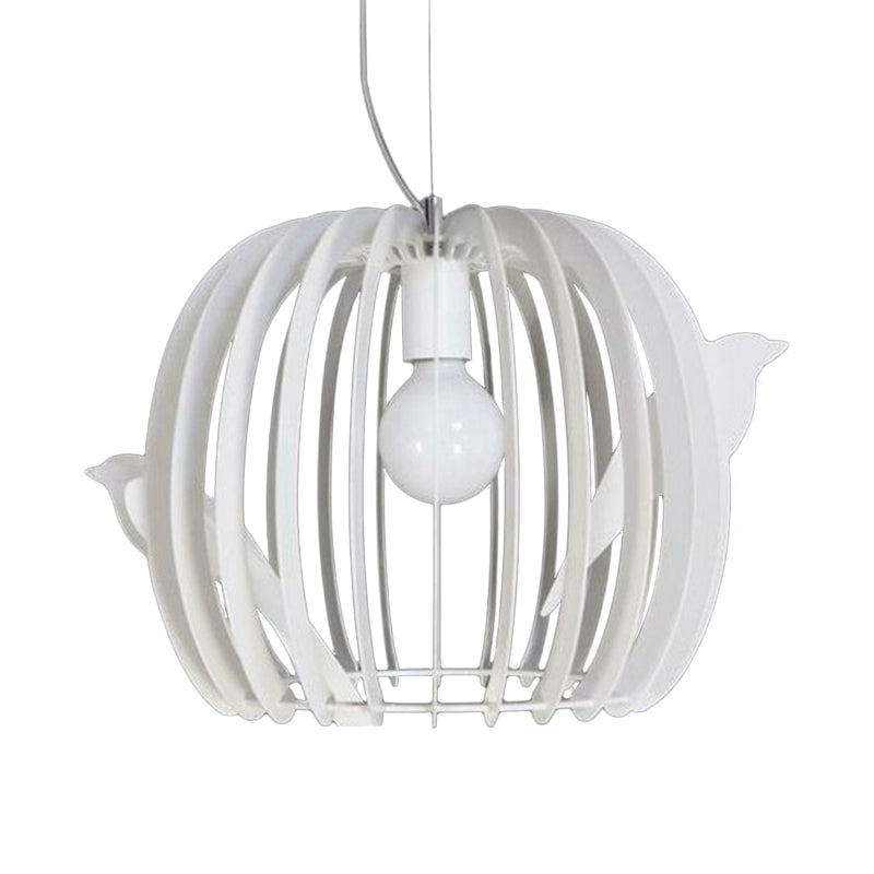 Modern Iron Birdcage Pendant Lamp In White With Bird Decor - Drum Shaped 1 Bulb Hanging Ceiling