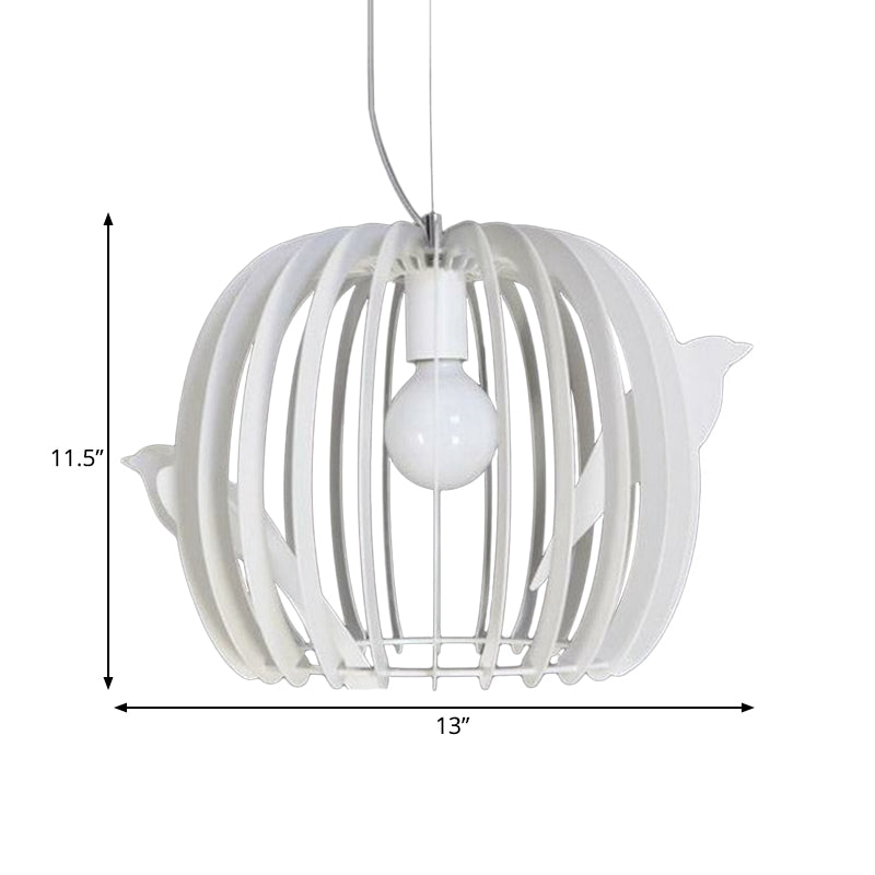 Modern Iron Birdcage Pendant Lamp In White With Bird Decor - Drum Shaped 1 Bulb Hanging Ceiling