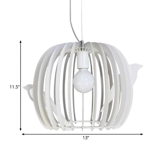 Modern White Drum Birdcage Pendant Lamp With Bird Décor - Iron Construction 1 Bulb Dinette Hanging