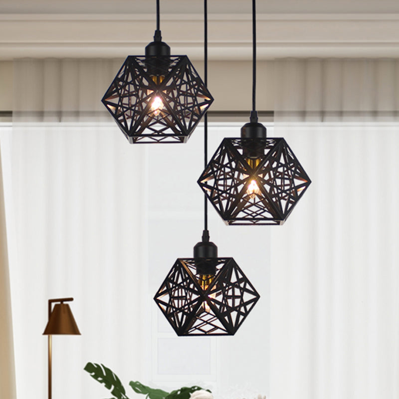 Snowflake Cage Pendant Iron 3-Light Ceiling Light In White/Black - Modern Novelty For Hotels Black