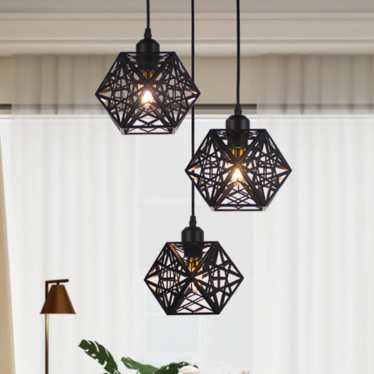 Snowflake Cage Pendant Iron 3-Light Ceiling Light In White/Black - Modern Novelty For Hotels Black