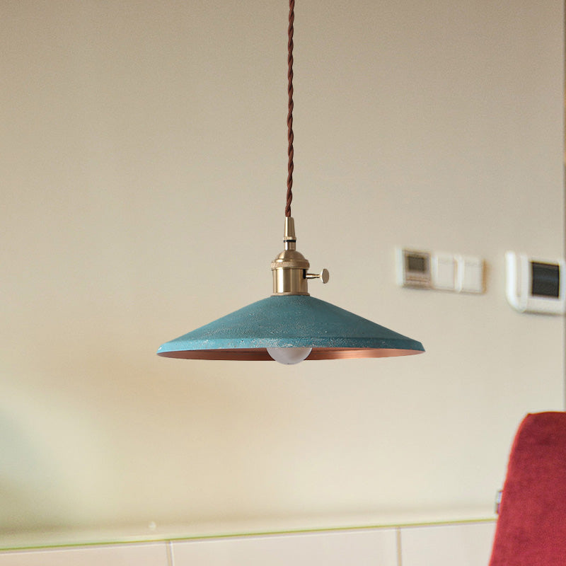 Rustic 1-Light Hanging Pendant Lamp In Blue/Red/Silver For Dining Room - Saucer Shade Iron Design