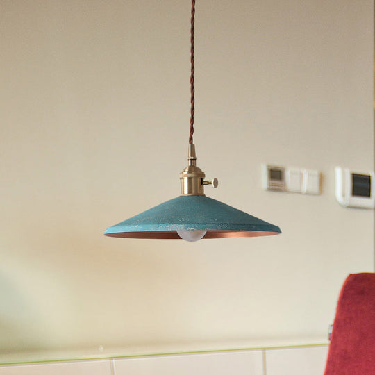 Rustic 1-Light Hanging Pendant Lamp In Blue/Red/Silver For Dining Room - Saucer Shade Iron Design