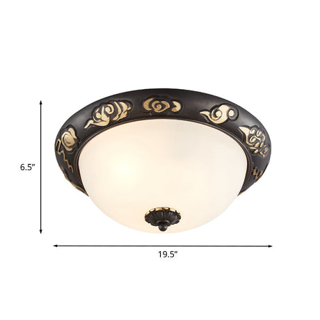 Retro Black Glass Ceiling Fixture With Embossed Rose Edge - Bedroom Flush Mount Lighting
