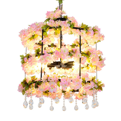 Antique Black Iron Chandelier With 6 Bulbs & Crystal Drops 27.5/39 H