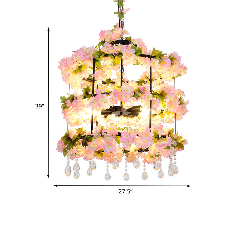 Iron Chandelier With Antique Black Finish Cylindrical Cage Design Crystal Drops And 6 Bulbs -