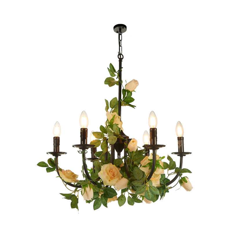 Black Iron Chandelier Lamp With 6 Rose-Decorated Heads