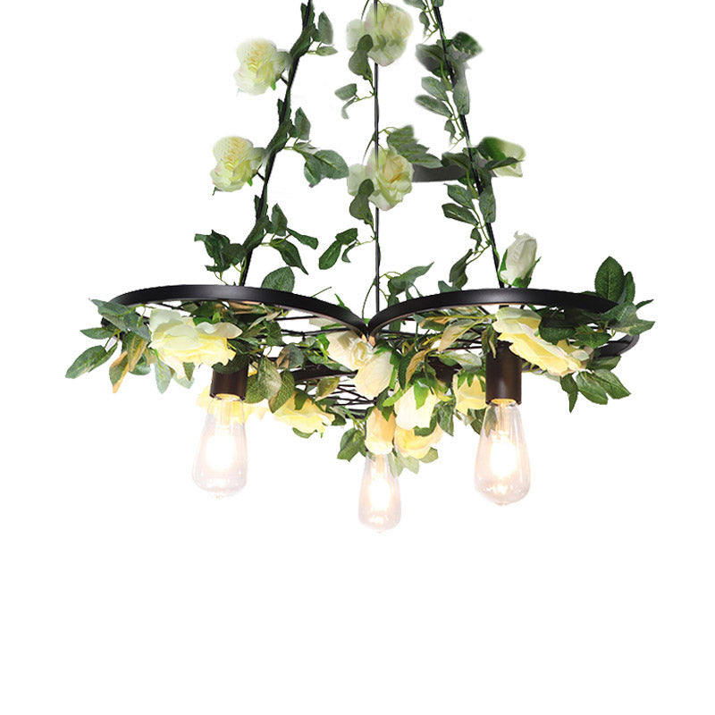 Retro Wheel Iron Chandelier Pendant Light With Plant Decor - Black 3/6 Heads