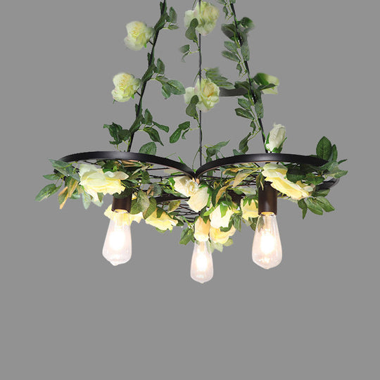 Retro Wheel Iron Chandelier Pendant Light With Plant Decor - Black 3/6 Heads