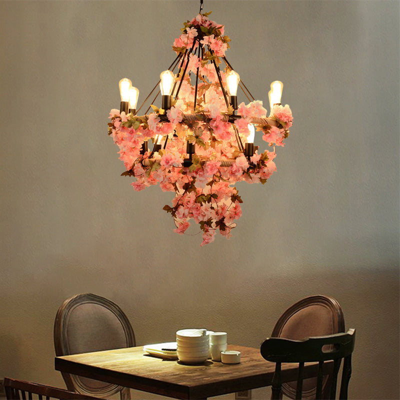 Black Bare Bulb Chandelier With Pink Flower And Rope Suspension - 14-Bulb Light Fixture For