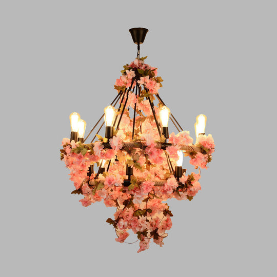 Black Bare Bulb Chandelier With Pink Flower And Rope Suspension - 14-Bulb Light Fixture For