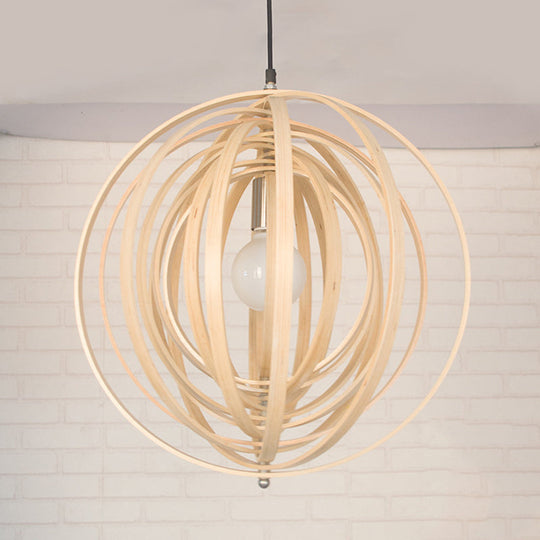 Rippling Sphere Wood Pendant Light Kit - Asian 1 Beige Hanging Fixture For Table