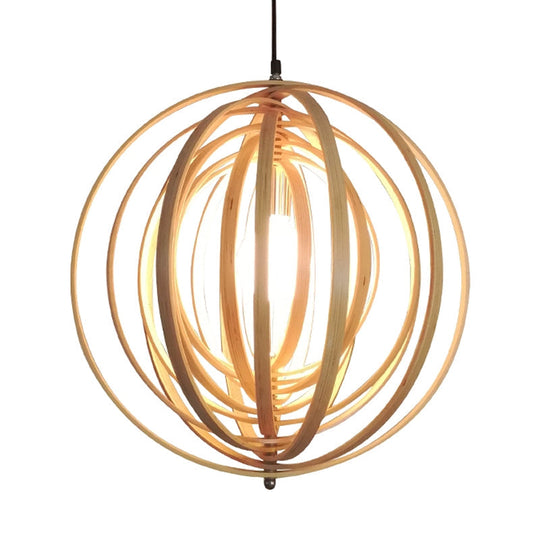 Rippling Sphere Wood Pendant Light Kit - Asian 1 Beige Hanging Fixture For Table