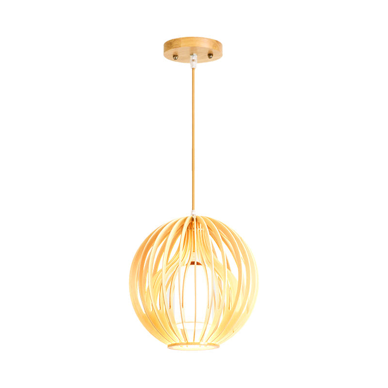Wooden 2-Layer Cage Pendant Ceiling Light With Interior Fabric Shade - Asia Style