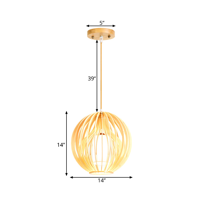 Wooden 2-Layer Cage Pendant Ceiling Light With Interior Fabric Shade - Asia Style