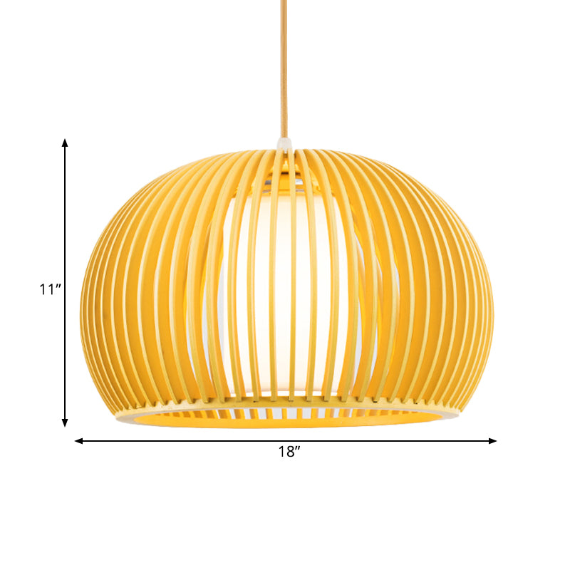 Open Kitchen Suspension Light - Asia Beige Pendant Lamp With Dome Wood Cage 14/18 Inch Wide
