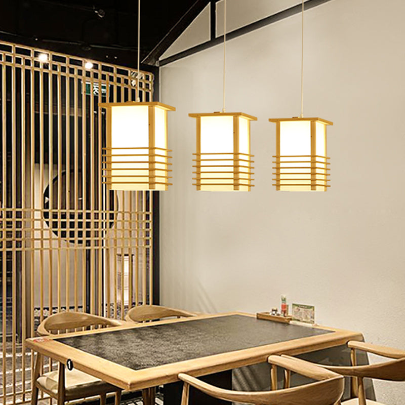 Japanese Style Pinewood Hanging Lantern With Cage Guard - Beige Pendant Light For Restaurant Ceiling