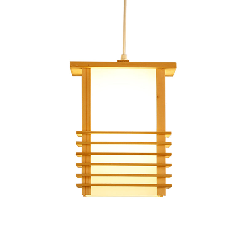 Japanese Style Pinewood Hanging Lantern With Cage Guard - Beige Pendant Light For Restaurant Ceiling