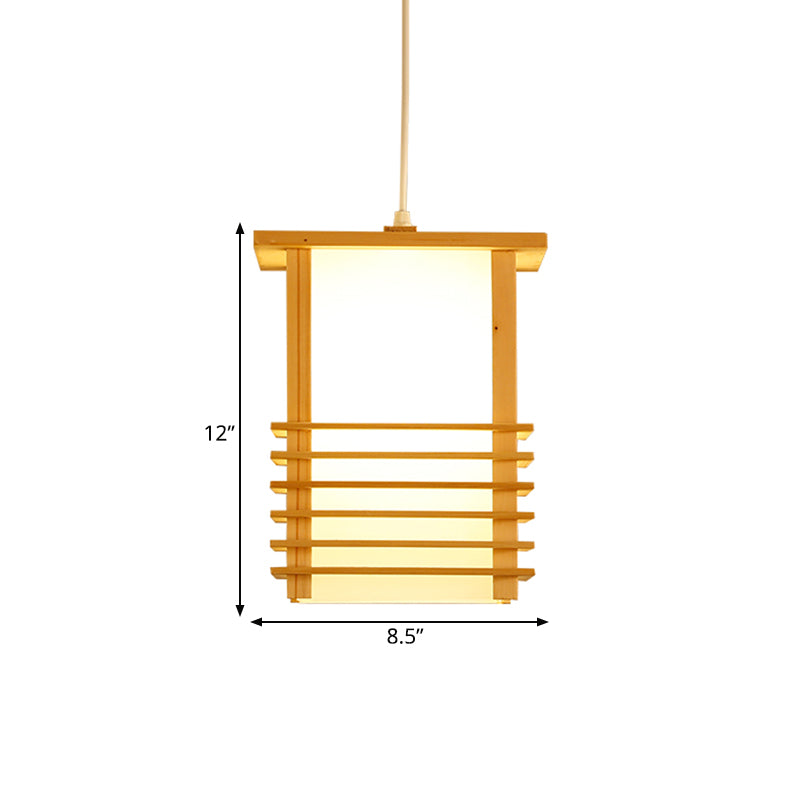 Japanese Style Pinewood Hanging Lantern With Cage Guard - Beige Pendant Light For Restaurant Ceiling