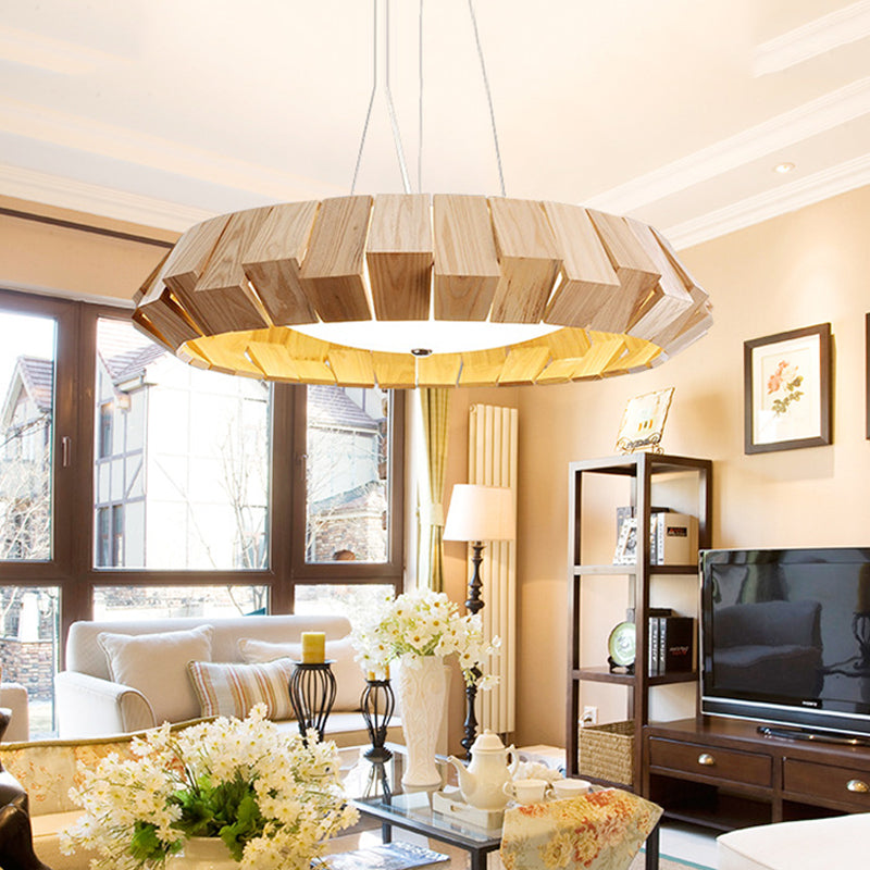 Asia Style Led Pendant Light With Wood Curve Design And Milk Glass Diffuser