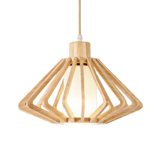 Diamond Cage Pendant Light Asian Wood 1 Head 14/18 Wide Beige Ceiling Lamp With Inner Pillar Shade