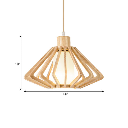 Diamond Cage Pendant Light Asian Wood 1 Head 14/18 Wide Beige Ceiling Lamp With Inner Pillar Shade