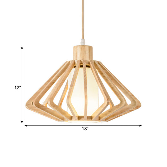 Diamond Cage Pendant Light Asian Wood 1 Head 14/18 Wide Beige Ceiling Lamp With Inner Pillar Shade