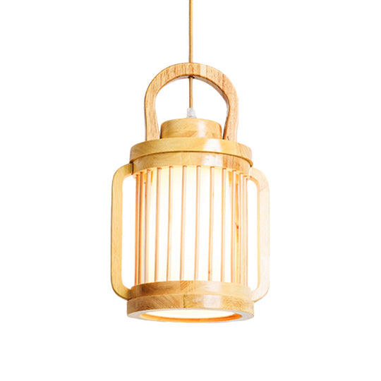 Japanese Style Single Bulb Pendant Light With Wood Cage And Fabric Shade