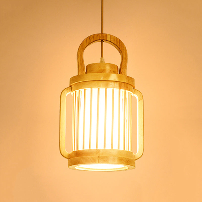 Japanese Style Single Bulb Pendant Light With Wood Cage And Fabric Shade
