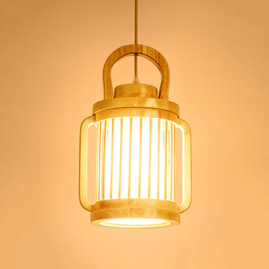Japanese Style Single Bulb Pendant Light With Wood Cage And Fabric Shade