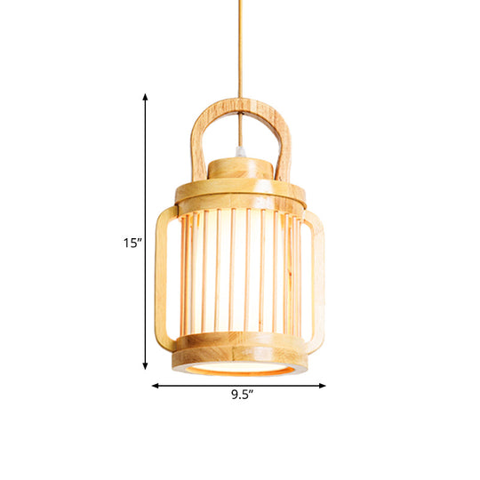 Japanese Style Single Bulb Pendant Light With Wood Cage And Fabric Shade