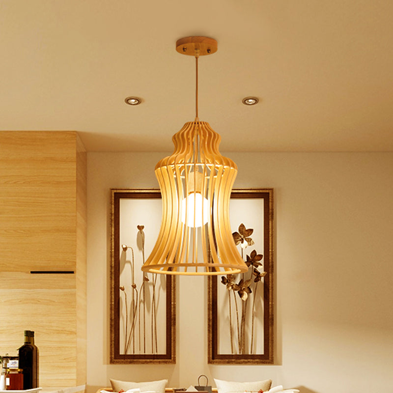 Cage Restaurant Hanging Light: Curvaceous Wooden Japanese Pendant With Inner Fabric Shade Beige