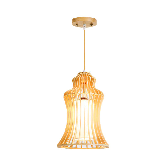 Cage Restaurant Hanging Light: Curvaceous Wooden Japanese Pendant With Inner Fabric Shade