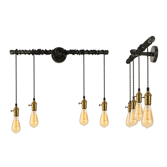 Industrial Brass Metal Wall Mount Lamp - 4-Light Linear Piped Sconce With Open Bulb
