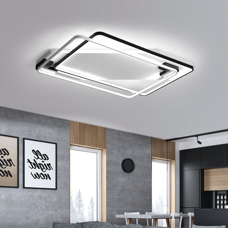 Led Ceiling Light Fixture - Modern Black-White Aluminum Overlapping Rectangle Flush Mount For Living